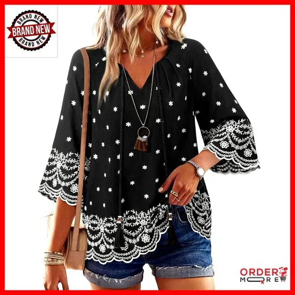 Boho Embroidered 3/4 Sleeve V-Neck Blouse, Loose Fit Tunic Top for Summer - Picture 1 of 7